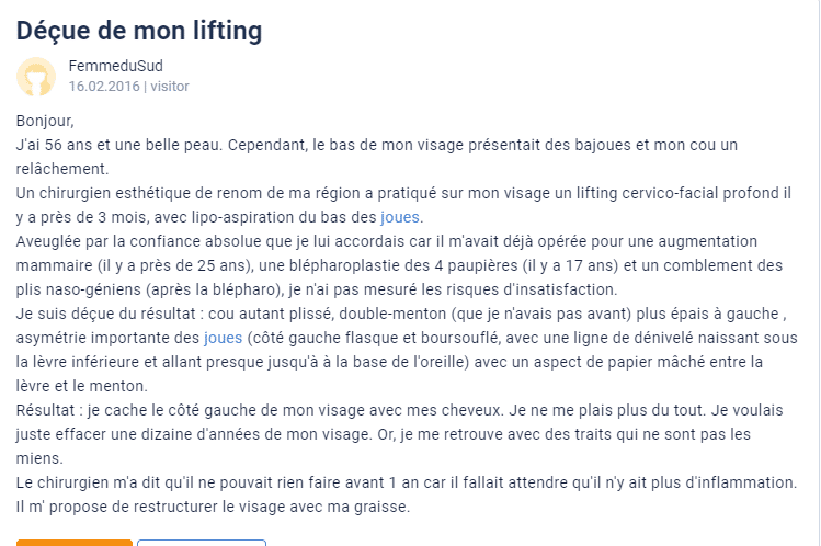 témoignage lifting de visage raté